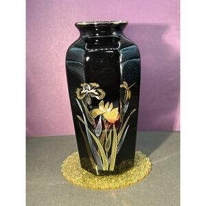 Vtg Japanese 6.5" Floral Porcelain Black Vase w/ Dragonfly - Gold Details & Trim